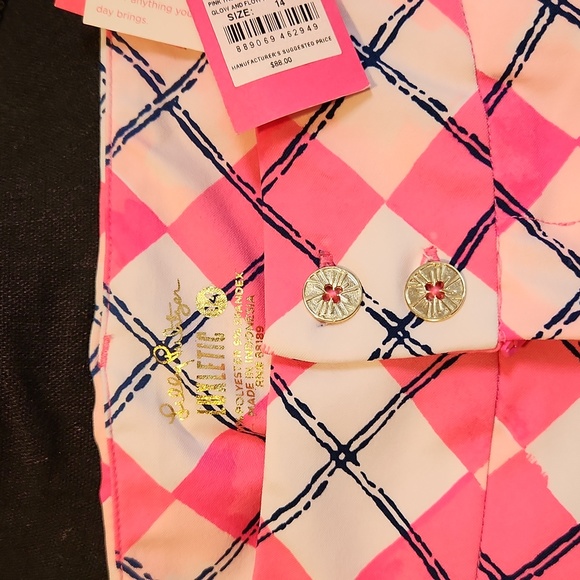 Lilly Pulitzer Reid Shorts Pink Argyle "Glow and Flow" Golf Luxletic Zip sz 14 - Picture 4 of 13
